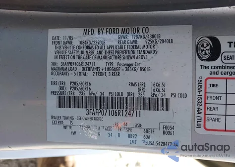 2006 Ford Fusion Se z USA, uszkodzony, nr VIN 3FAFP07106R124711